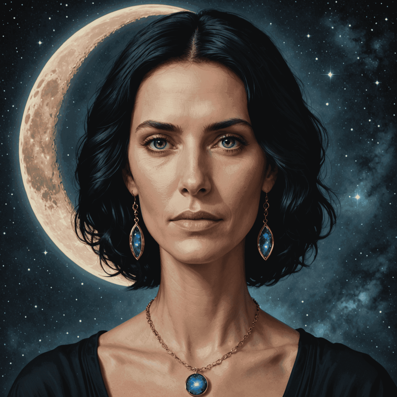 Portrait de Céline Dubois, astrologue principale, une femme aux cheveux noirs avec des yeux perçants, portant un collier avec un pendentif en forme de lune