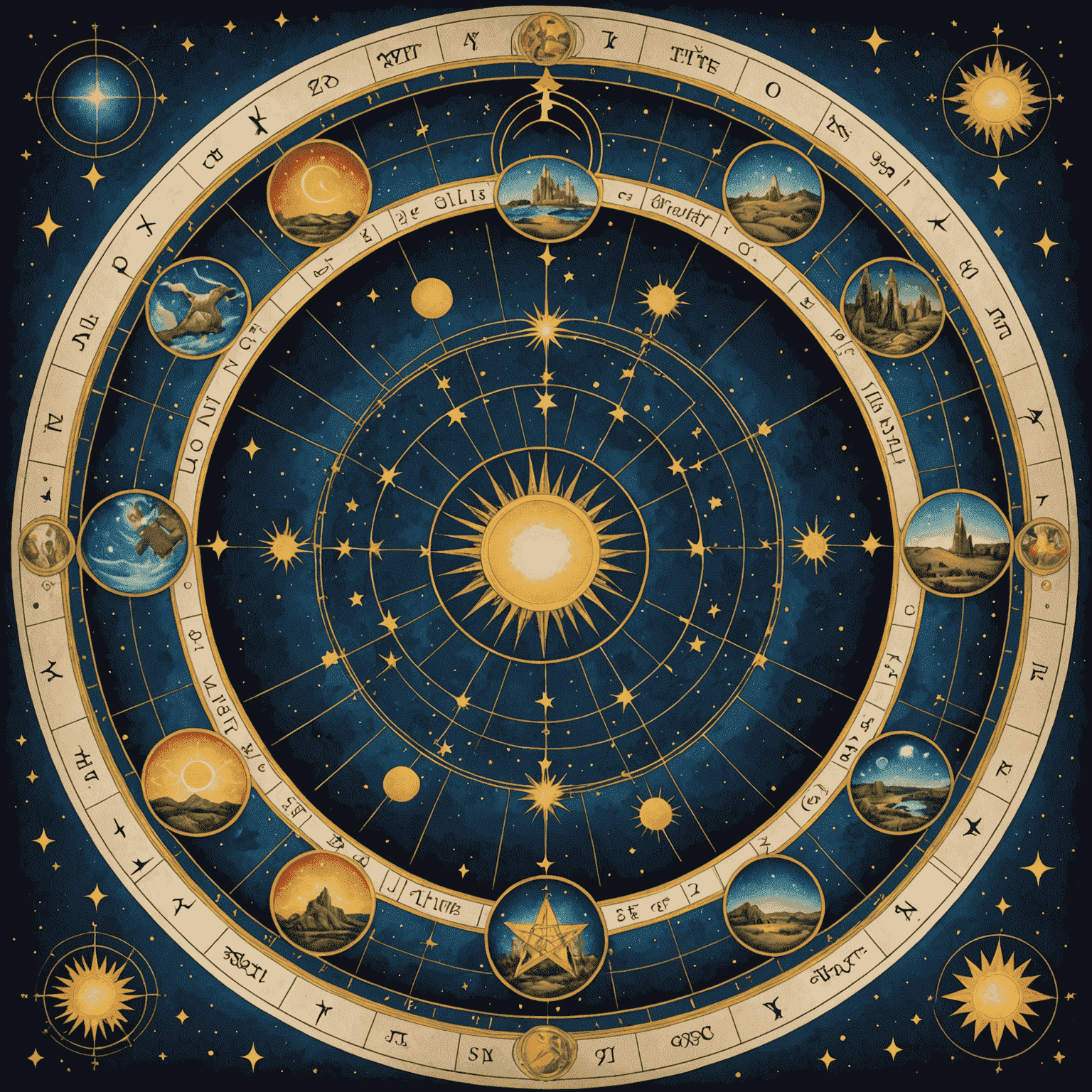 Une illustration montrant des cartes de tarot disposées en cercle autour d'une carte du ciel astrologique, symbolisant la synergie entre le tarot et l'astrologie