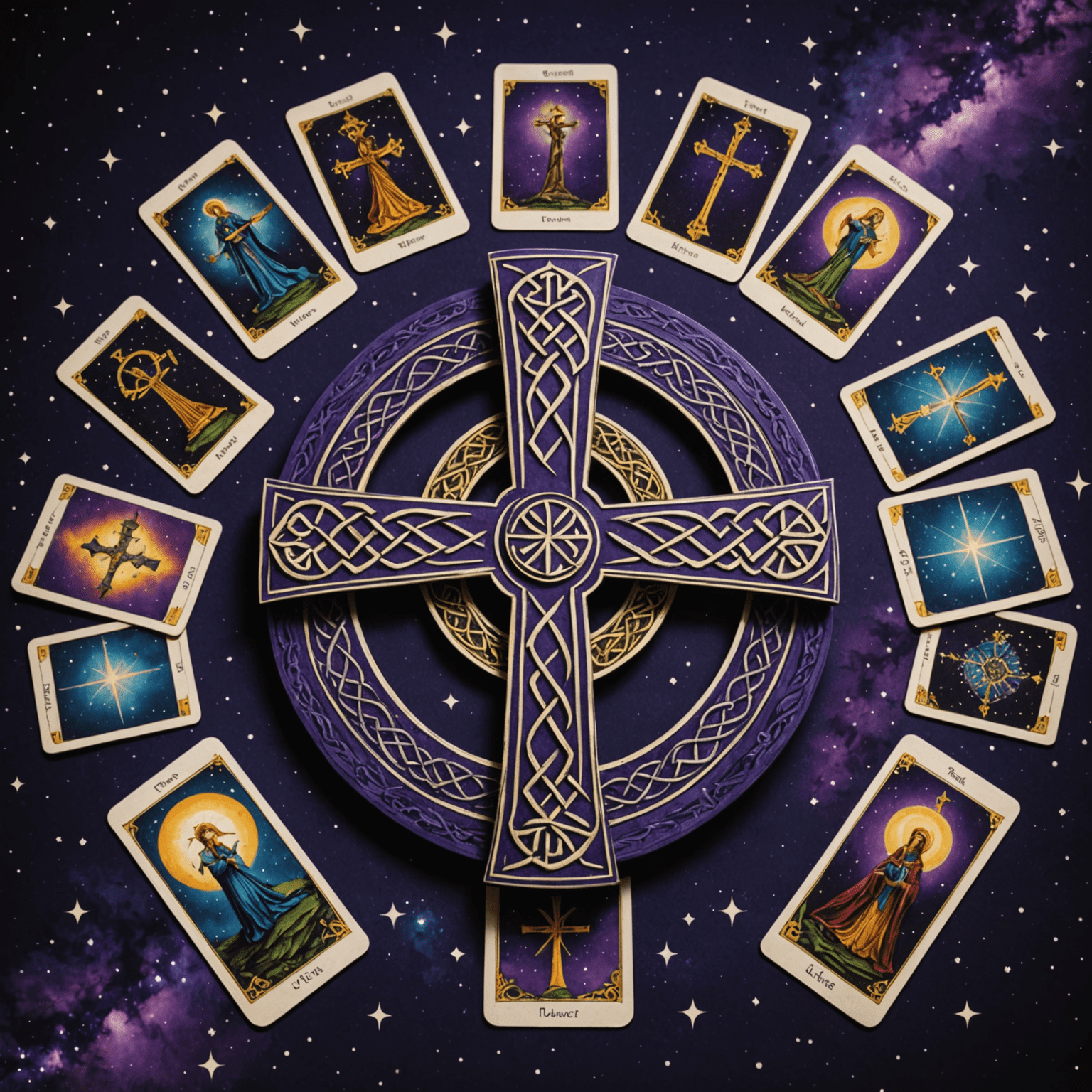 Illustration d'un tirage en Croix Celtique avec des cartes de tarot disposées en forme de croix sur un fond étoilé violet foncé