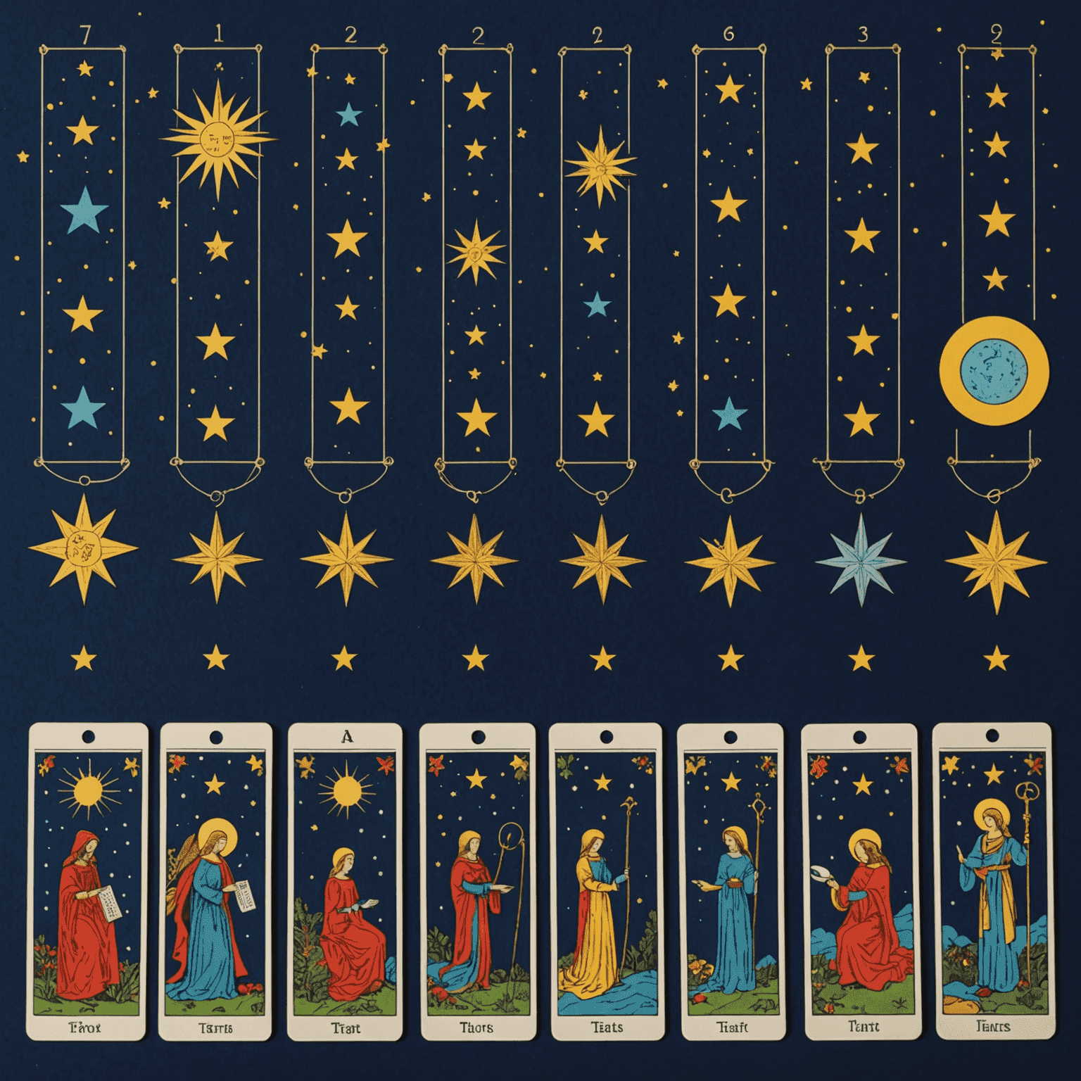 Disposition de sept cartes de tarot en ligne droite, représentant les étapes du chemin de vie, sur un fond bleu nuit parsemé d'étoiles brillantes