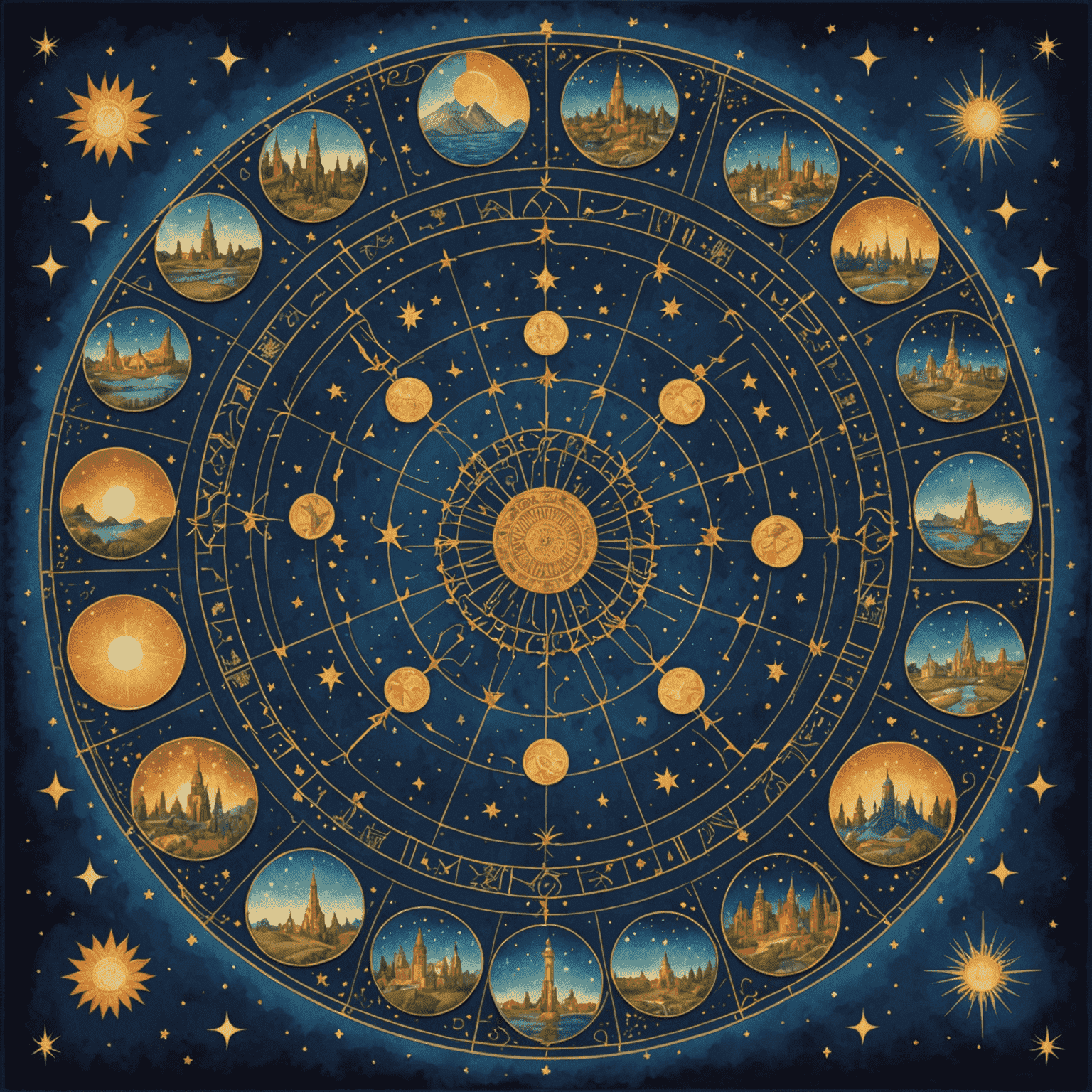 Disposition circulaire de douze cartes de tarot formant un mandala, chaque carte représentant un aspect de la personnalité, sur un fond indigo avec des motifs de constellations